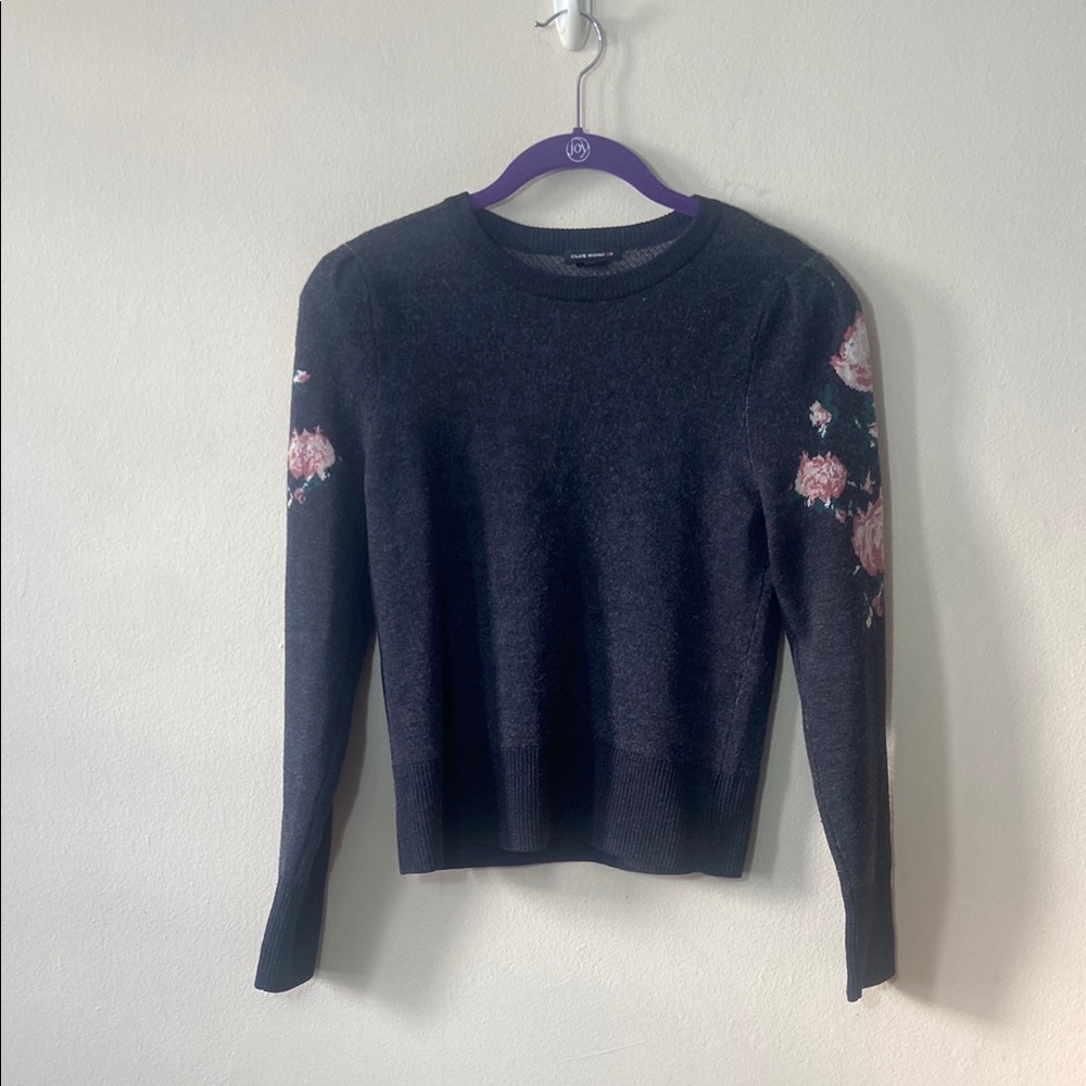 Club Monaco Floral Embroidered Black Dark grey sweater pink roses XS knit casual